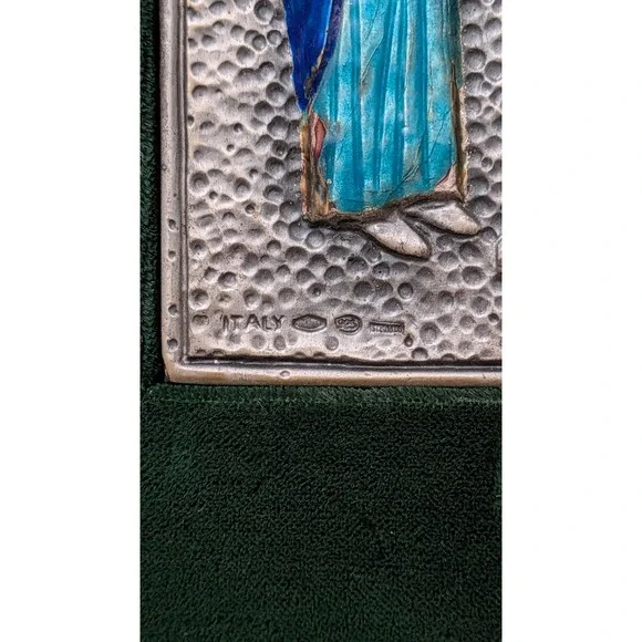 Ottaviani Italy 925 Sterling Silver Enamel Crucifixion Plaque Green Velvet Frame